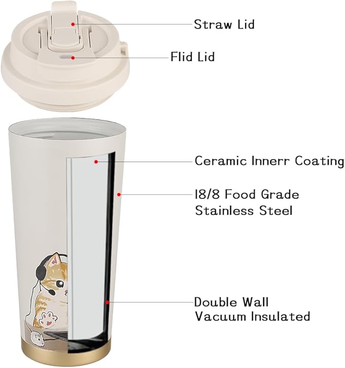 Funkrin Coffee Travel Mug with Straw & Flip Lid, 16oz Insulated Tumbler Cup with Ceramic Coating, Double Wall Vacuum Leak-Proof Mug for Office School Party Camping