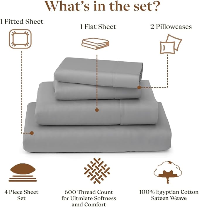 SKY BEDDINGS Olympic Queen Sheet Set 66 x 80-100% Egyptian Cotton, 600 Thread Count - 4 Piece Bed Sheets for Super Queen RV Mattress - Sateen Weave, Hotel Quality, Cooling & Breathable - Light Grey