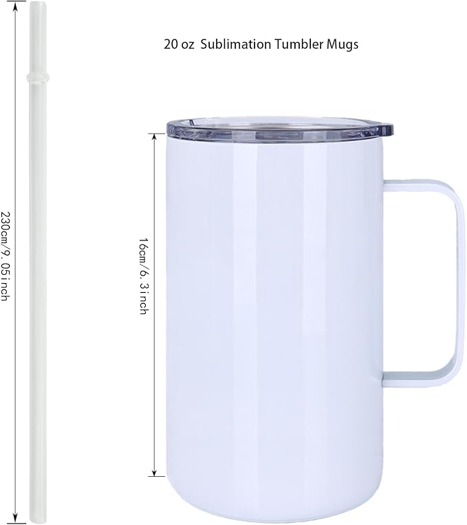 6 Pack 20 oz Sublimation Tumblers with handle Coffee Blanks, with Lid and Straw Cups Blank Bulk, Straight Skinny Insulated Cup Stainless Steel Water Bottle for Craft DIY…