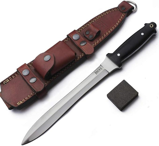 GCS Handmade Survival Tactical Hunting Black G10 Handle with Brown Leather Right or Left Hand Horizontal Fixed Blade Knife Sheath & Sharpening Stone GCS231