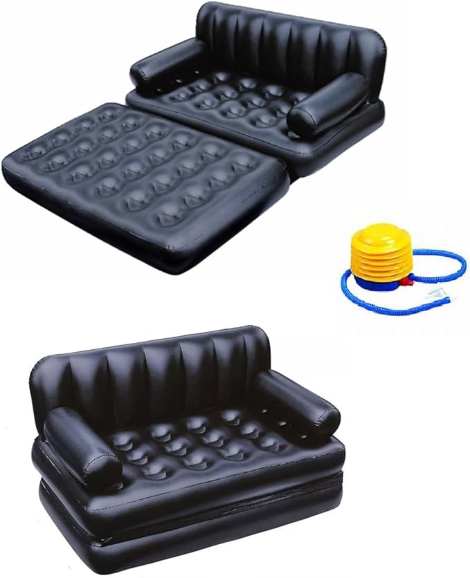 Folding Portable Inflatable Sofa Twin Bed, Lazy Flocking Queen Size Air Bed Mattress - Great for Pop Up Indoor Living Room and Outdoor Balcony, Backyard, Camping, Picnic, RV + Foot Pump (Black)