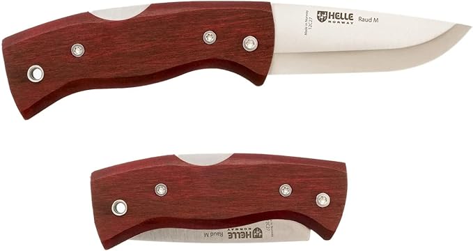 HELLE Knives - Raud M - Folding Pocket Knife - 2.72" Stainless Steel Blade with Red Birch Handle & Detachable Clip - Made in Norway