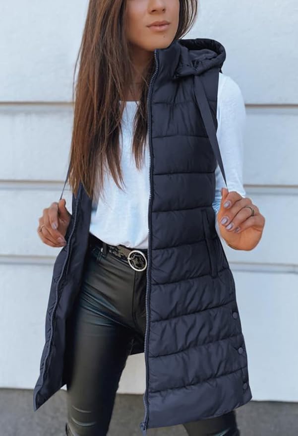 Veatzaer Women Long Vest Solid Color Sleeveless Hood Winter Puffer Vest Outwear