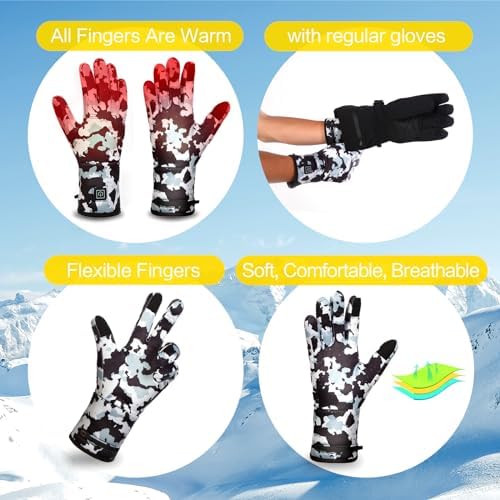 Heated Glove Liners for Men Women, Rechargeable Hand Warmers, Thin Camouflage Touchscreen Battery Electric Gloves