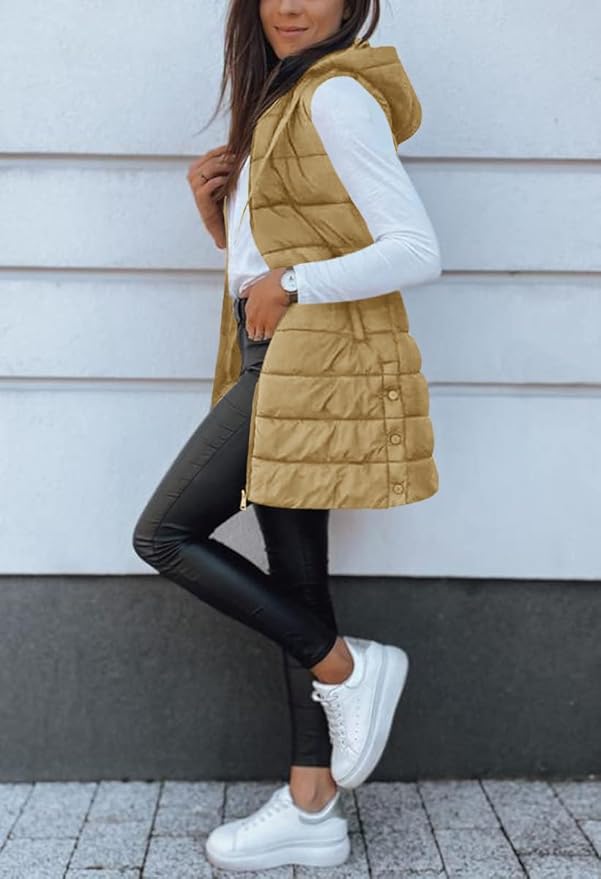 Veatzaer Women Long Vest Solid Color Sleeveless Hood Winter Puffer Vest Outwear