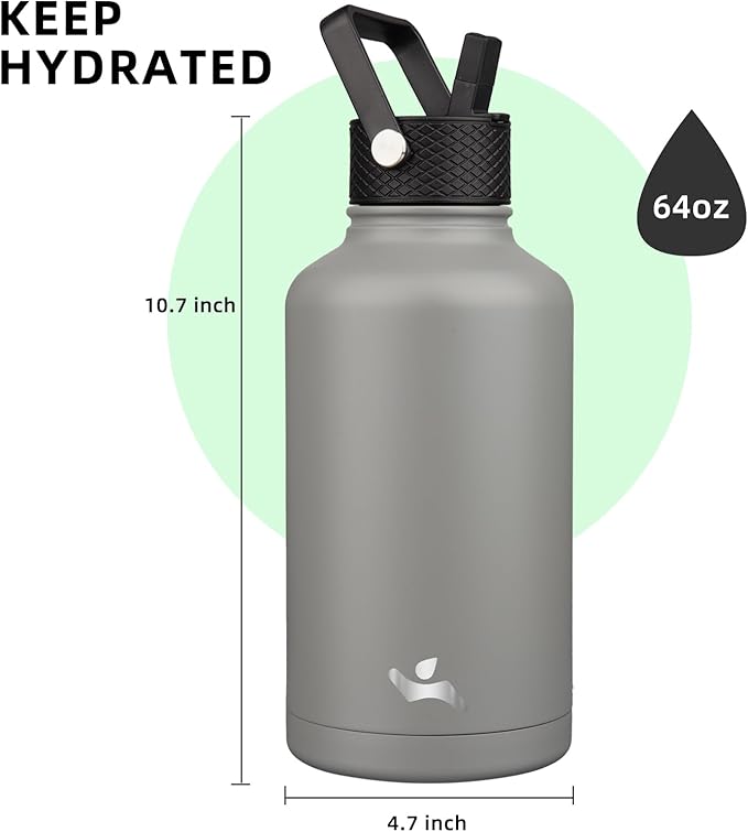 Half Gallon Insulated Water Bottle with Straw,64 oz 3 Lids Water Jug with Carrying Bag,Paracord Handle,Double Wall Vacuum Stainless Steel Metal Flask,Gray