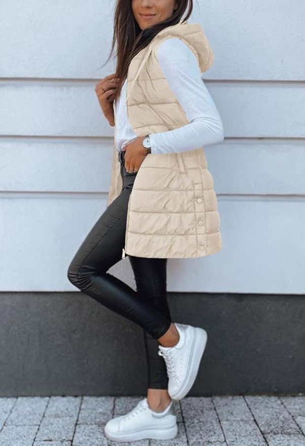 Veatzaer Women Long Vest Solid Color Sleeveless Hood Winter Puffer Vest Outwear