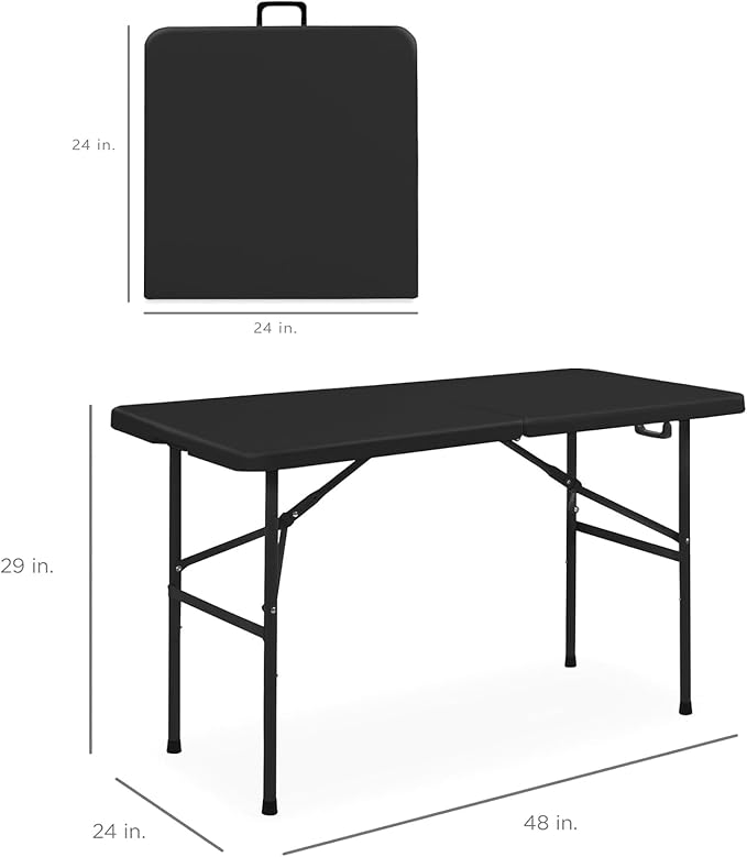 Plastic Folding Table, Fold-in-Half Portable Utility Table Heavy Duty Portable w/Handle, for Indoor Outdoor,Picnic, Party, & Camping (Black, 4ft)