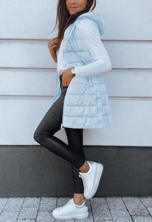 Veatzaer Women Long Vest Solid Color Sleeveless Hood Winter Puffer Vest Outwear