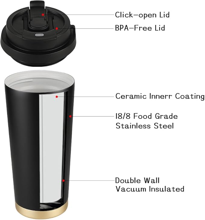 Funkrin Coffee Travel Mug with Straw & Flip Lid, 16oz Insulated Tumbler Cup with Ceramic Coating, Double Wall Vacuum Leak-Proof Mug for Office School Party Camping