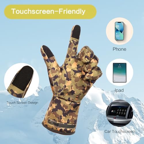 Heated Glove Liners for Men Women, Rechargeable Hand Warmers, Thin Camouflage Touchscreen Battery Electric Gloves