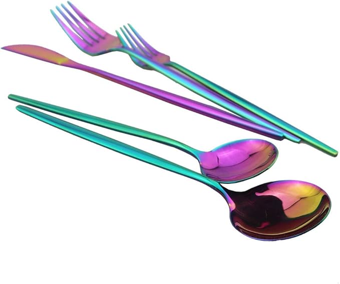 JASHII Shiny Rainbow Silverware Set, 30-Piece Stainless Steel Satin Finish Flatware, Kitchen Utensils, Mirror Polished Tableware Cutlery for Home and Restaurant, Dishwasher Safe