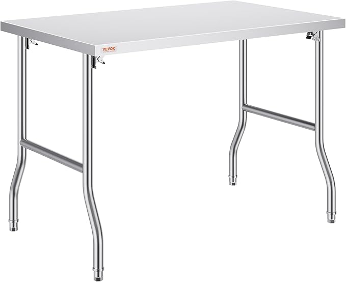 VEVOR 48 x 30 Inch Folding Commercial Prep Table Commercial Worktable Workstation, Heavy-Duty Stainless Steel Folding Table with 220 lbs Load, Silver Stainless Steel Kitchen Island,Kitchen Work Table
