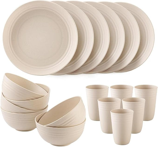 18PCS Wheat Straw Dinnerware Sets Unbreakable Dinnerware Set Lightweight Dish Set Cups Plates and Bowls Set Microwave and Dishwasher Safe Dishware Sets