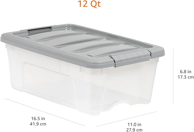 Amazon Basics Plastic Storage Containers with Secure Latching Lids, Stackable Organization Bins, Clear/Grey, 12 Quart, Set of 6