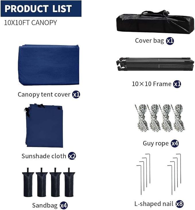 10x10 Pop Up Canopy Tent with 2 Sidewalls, Waterproof Shade Canopy with Sand Bags Outdoor Canopy Tent for Camping Beach Parties Backyard (Navy Blue)