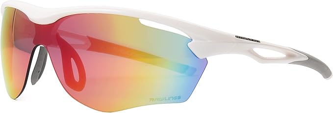 Rawlings Cleat Chaser Blade Sport Sunglasses for Men, Shiny White/Rainbow Mirror, 69mm