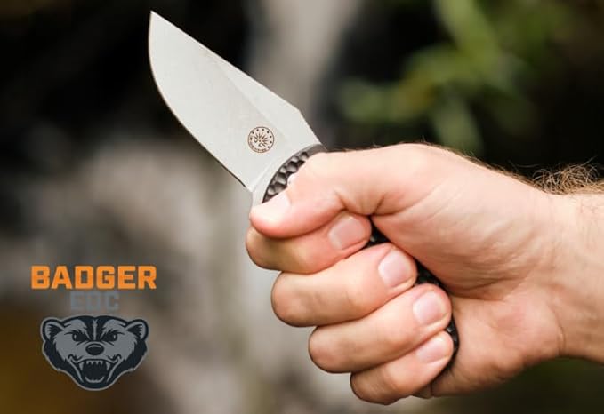 Off-Grid Knives - Badger EDC Folding Knife with Sandvik 14C28N Blade, Ball Bearing Pivot, G10 Scales, Grid-Lock, Ambidextrous Deep Carry Clip (Tumbled Stone)