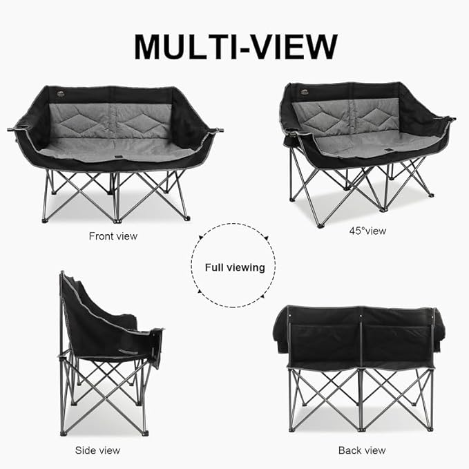 Folding Loveseat Camping Chair,Portable Double Chair w/Cup Holder,Wine Glass Holder,Carry Bag Heavy Duty Lawn Chair for 2 Adults,Perfect for Camp,Hiking,Picnics and Beach Trips,Black