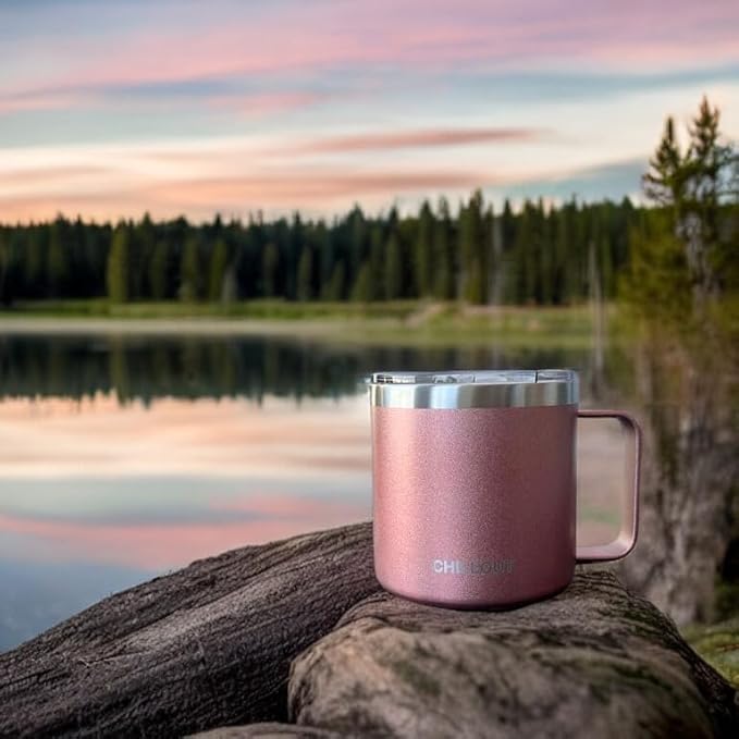 CHILLOUT LIFE Stainless Steel 16 oz (Set of 2) - Vacuum Insulated Coffee Mug with Handle and Lid, Large Thermal Camping Coffee Mug Cup with Durable Sliding Lid for Women - Rose Gold