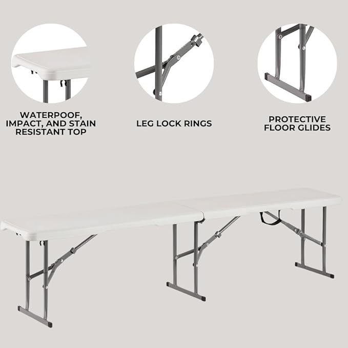 Plastic Folding Bench - Portable Bench Used for Indoor, Outdoor, Picnic, Party, Camping, Dining Seat, Garden Soccer Multipurpose Entertaining Activities, White (1, White, 6 Feet)