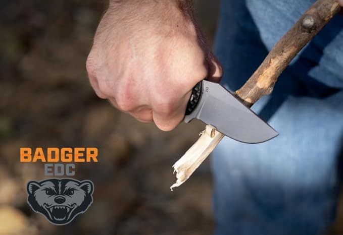 Off-Grid Knives - Badger EDC Folding Knife with Sandvik 14C28N Blade, Ball Bearing Pivot, G10 Scales, Grid-Lock, Ambidextrous Deep Carry Clip (Tumbled Stone)