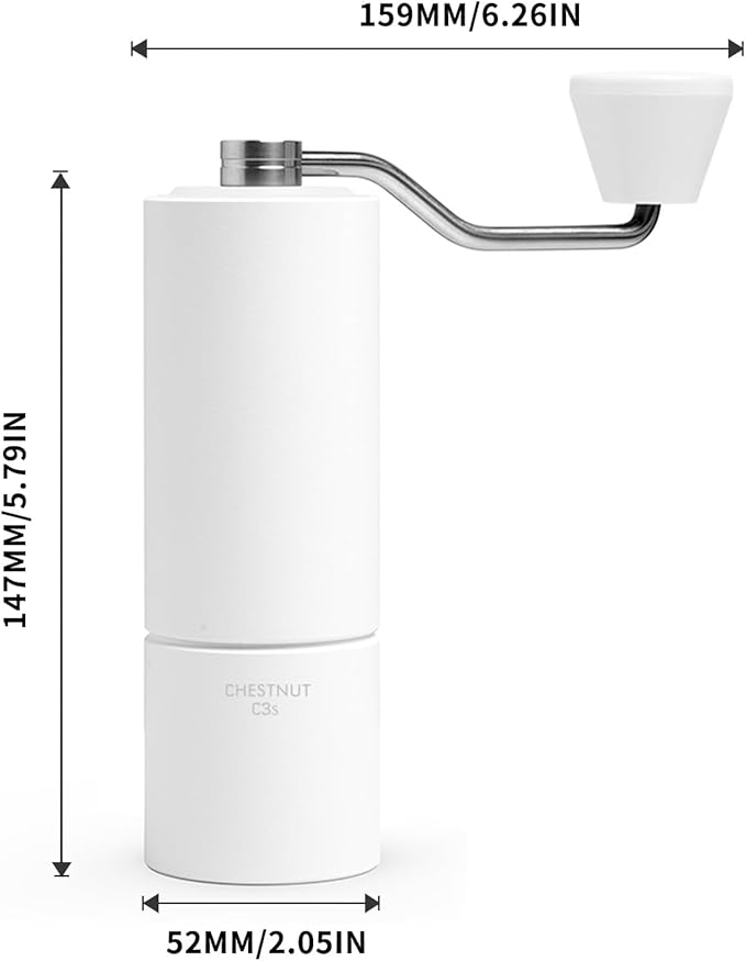 TIMEMORE Chestnut C3S Manual Coffee Grinder with CNC Stainless Steel Conical Burr Capacity 25g, Internal Adjustable Setting, Double Bearing Positioning for Travel, Camping, White