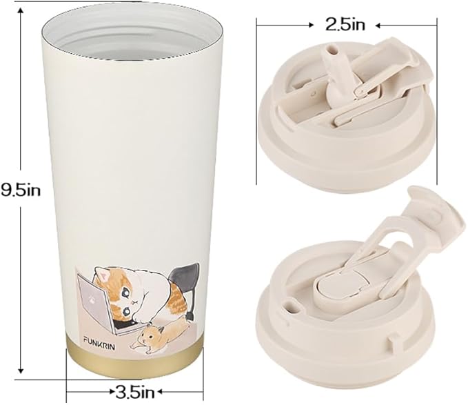 Funkrin Coffee Travel Mug with Straw & Flip Lid, 16oz Insulated Tumbler Cup with Ceramic Coating, Double Wall Vacuum Leak-Proof Mug for Office School Party Camping