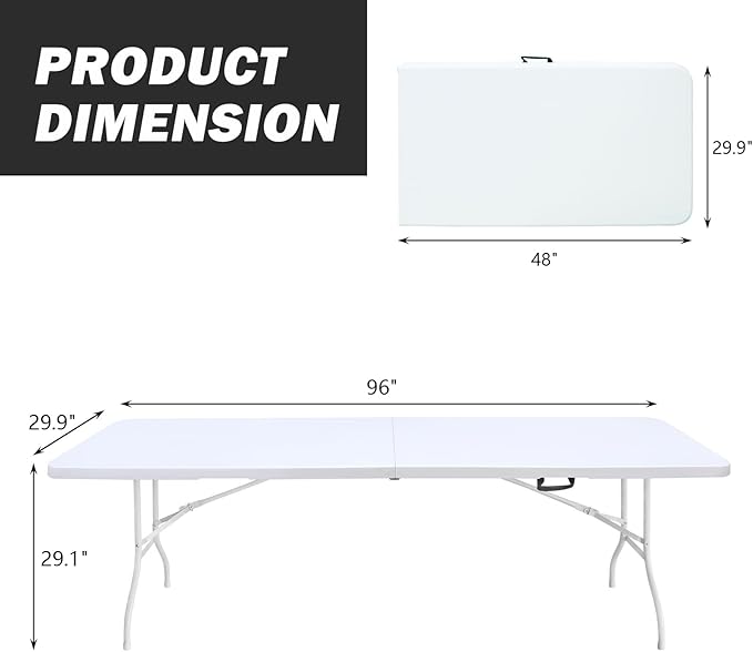 Portable Plastic Folding Table 4ft/6ft/8ft Heavy Duty White Black Picnic Dining Table Fold-in-Half for Camp Party Kitchen Indoor Outdoor