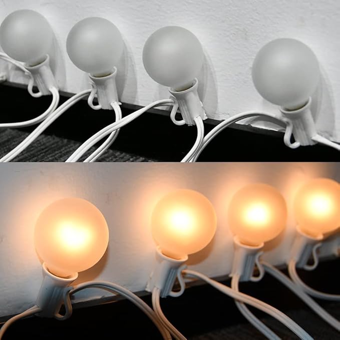 25Ft Outdoor White Frosted String Lights with 27 G40 Frosted Bulbs,E12 Socket Base,Waterproof Connectable Hanging Lights for Backyard Wedding Porch Bistro Party Valentine's Day Decor,White Wire