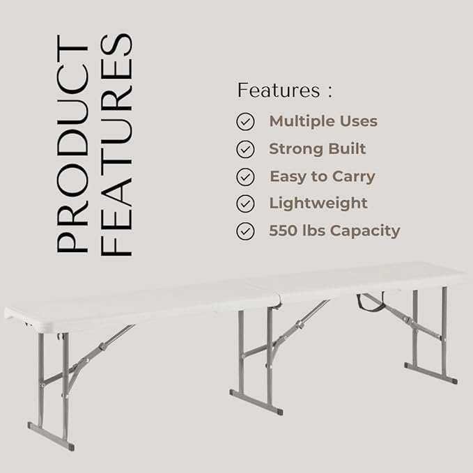 Plastic Folding Bench - Portable Bench Used for Indoor, Outdoor, Picnic, Party, Camping, Dining Seat, Garden Soccer Multipurpose Entertaining Activities, White (2, White, 6 Feet)