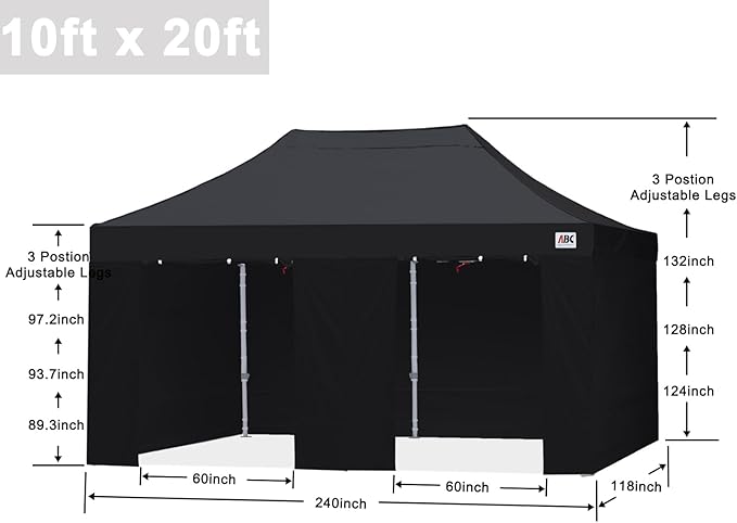 ABCCANOPY Easy Pop Up Canopy Tent with Sidewalls 10X20 Commercial -Series,Black