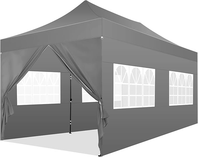 COBIZI 10x20 Pop Up Canopy with 6 Sidewall,Heavy Duty Canopy UPF 50+ All Season Wind Waterproof Commercial Outdoor Wedding Party Tents for Parties Canopy Gazebo with Roller Bag(10 x 20 ft Gray)