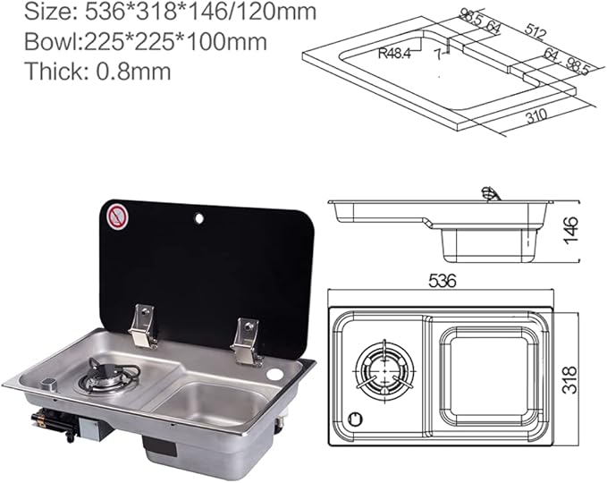 Gas Camping Stove,2 Burners Boat Caravan RV Camper with Tempered Glass Panel, Boat Caravan Camper Burner Gas Stove Hob and Sink Combo