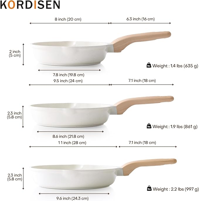 Nonstick Ceramic Frying Pan Set, 3 Piece Ceramic Skillet Set, Healthy Non Toxic Cooking Pan, Stay-Cool Handle, Induction Compatible, PFOA & PFAS Free, White