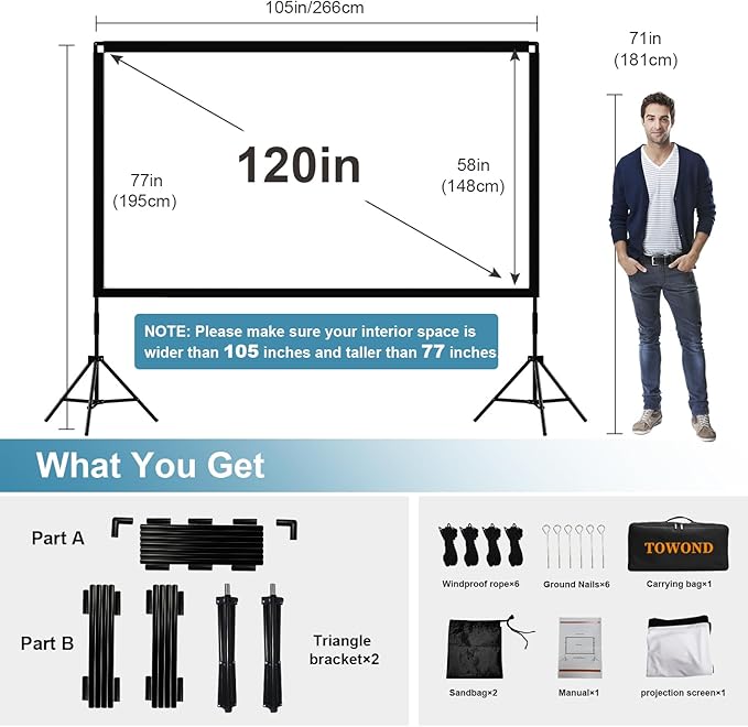 Projector Screen with Stand, Towond 120 inch Portable Movie Screen Indoor Outdoor 16:9 HD Front Rear Projection Screen with Carry Bag Wrinkle-Free and Foldable Polyester Fabric Design for Home Theater