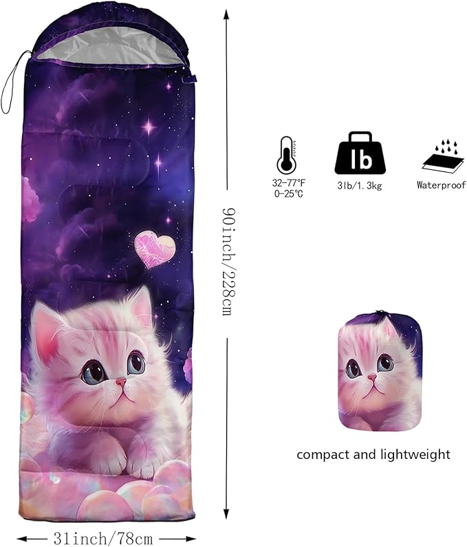 AILONEN Girls Pink Camping Sleeping Bags,Lightweight & Waterproof,3 Season Warm & Cool Weather,Cute Bow Duck Print Sleeping Bags for Kids,Girls,Adults Travelling,Outdoors