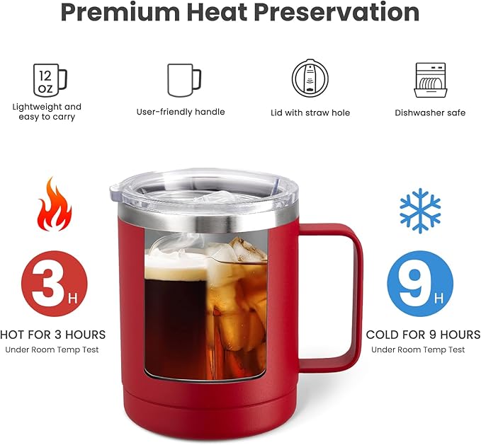 MEWAY 12oz Coffee Mug With Handle and Sliding Lid,Stainless Steel Travel Tumbler Cup with Handle,Double Wall Vacuum Insulated Camping Cup for Hot & Cold Drinks Tea (Red,Set of 1)