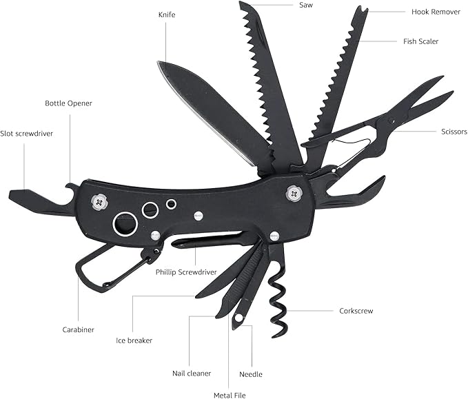 Amazon Basics 15-in-1 Stainless Steel Multitool Pocket Knife with Sheath, Black
