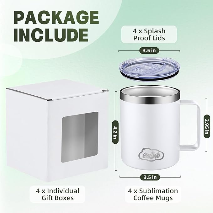 12oz Insulated Coffee Mug with Handle, Stainless Steel Wide Mouth Travel Tumblers with Lid, Double Wall Vacuum Coffee Cup for Camping, Office, White 4 Pack
