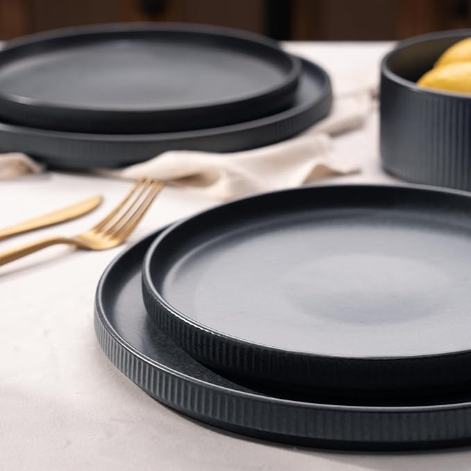 famiware Star Salad Plates for 6, 8 inches Plate Set, Stoneware Dinnerware, Small Dinner Plates for Dessert, Salad, Appetizer, Matte Dark Charcoal (Full Glaze)