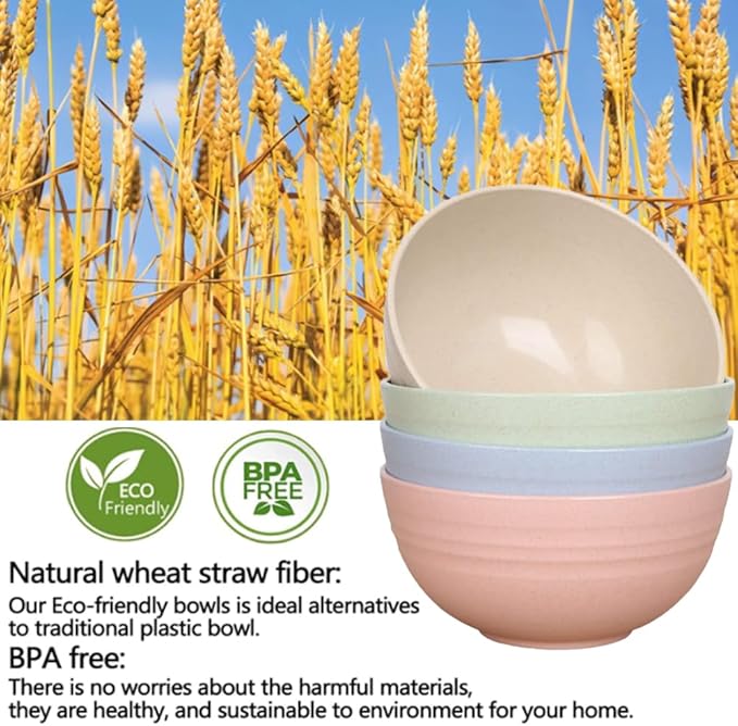 Lchkrep Unbreakable Cereal Bowls 24 oz, Reusable Wheat Straw Bowl Pack of 4 - Dishwasher and Microwave Safe, BPA-Free for Snacks, Dining, Camping, RV, Dorm