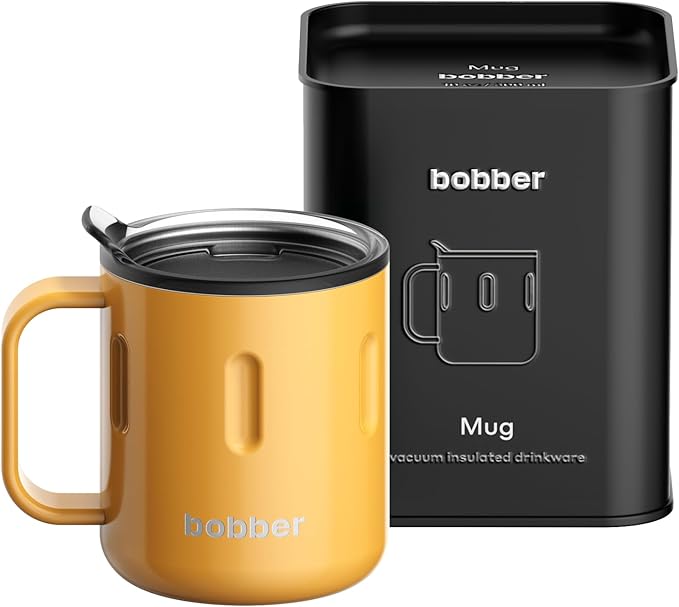 BOBBER 10 oz Insulated Coffee Mug with Wide Handle & Lid – Double Walled Stainless Steel Travel Tumbler for Women, Wife – Triple Walled Coffee Cup for Hot & Cold Drinks (Orange)