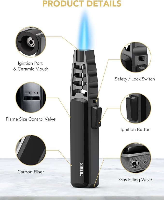 TBTeek Butane Torch Lighter - Adjustable Jet Flame Lighter, Blow Torch, Refillable Bright Fire Torch, Cooking Torch with Safety Lock for Kitchen, BBQ, Baking, Candle, Camping, Black (Gas Not Included)