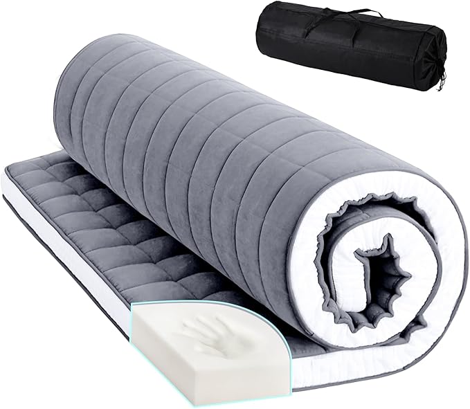 Tiita Japanese Floor Mattress Futon Mattress 4” Thick Folding Roll Up Sleeping Pad with Bag & Strap, Bed Topper Mat for Guest, Lounger and Tavel, Gray,Twin Size