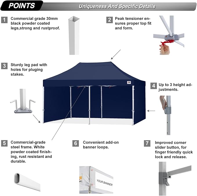 ABCCANOPY Easy Pop Up Canopy Tent with Sidewalls 10X20 Commercial -Series, Navy Blue