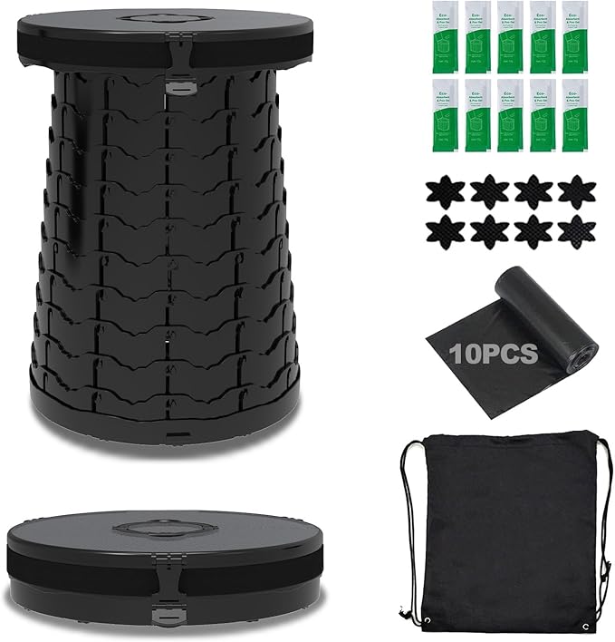 Camping Toilet Retractable Portable for Adults Kids, Adjustable Height Potty with Lid Foldable Design for Hiking, Car Travel, Truck, RV, Boating, Road Trips, Beach (Black)