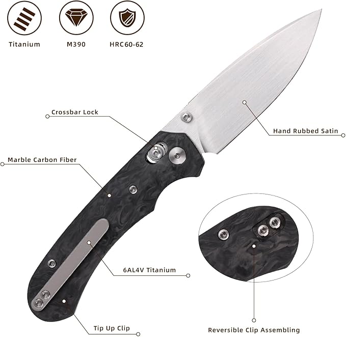Folding Pocket Knife,3.31” M390 Blade,Erogonomic Titanium Handle,Hunting Survival Knife,EDC Knife for Hunting Camping Survival Outdoor Fishing Hiking(Black&Grey)
