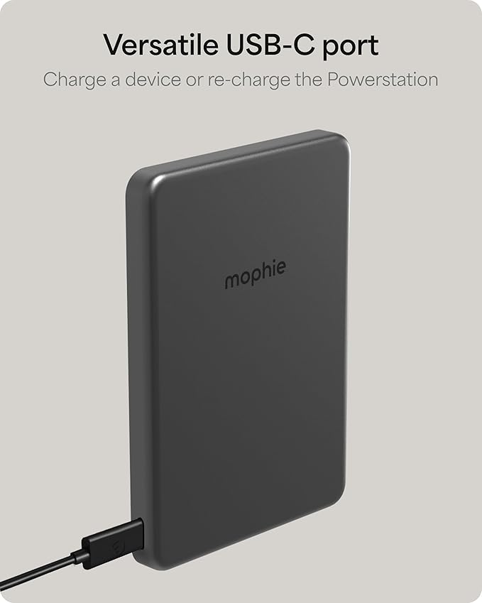 Mophie Powerstation Wireless Slim 5,000mAh Power Bank – MagSafe Compatible, 15W Qi2-Certified, 20W USB-C PD Fast Charging, Ultra-Thin Battery Pack for iPhone, Android, Travel & Airplane Use