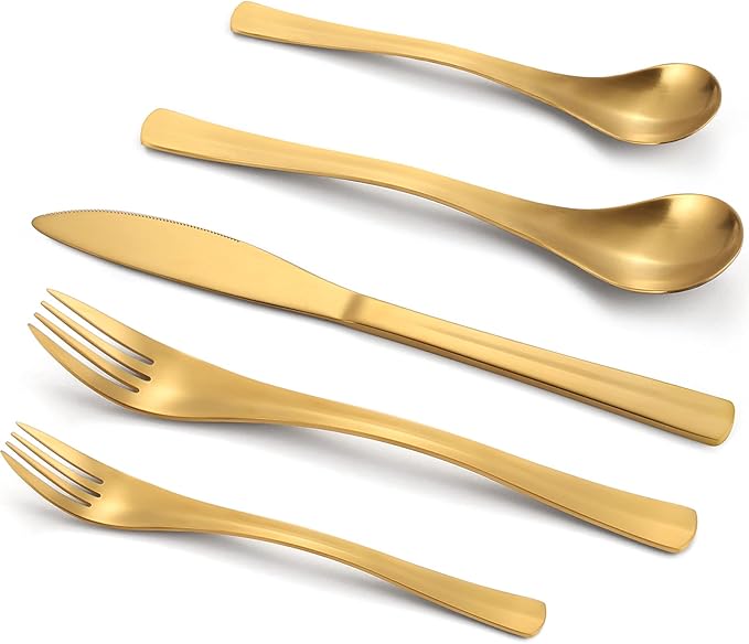 Gold Silverware Set, Bysta 20-Piece Flatware Set, Stainless Steel Utensils Service for 4, Tableware Cutlery Set for Home and Restaurant, Include Knife/Fork/Spoon, Satin Finish, Dishwasher Safe